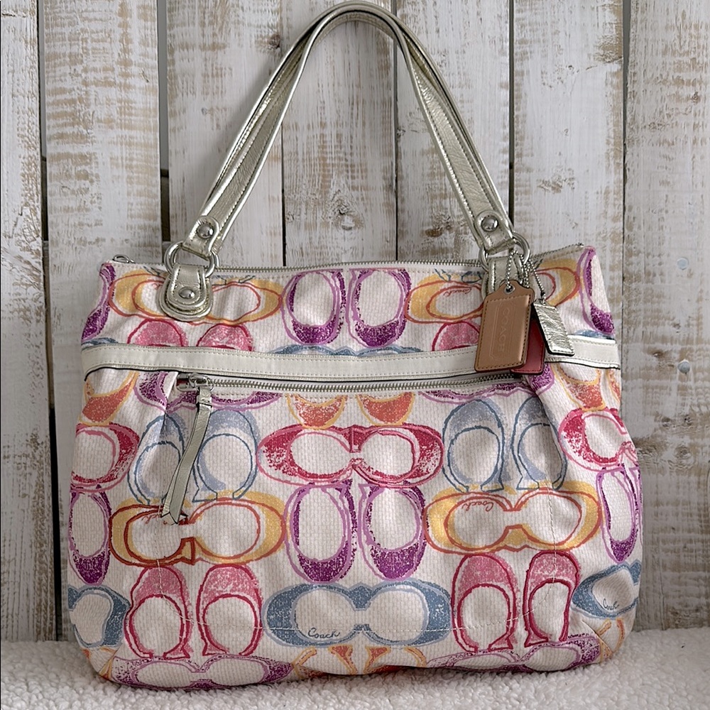 Coach Poppy Dream Multi Signature Optic Soulder Glam Tote Bag With Embro…